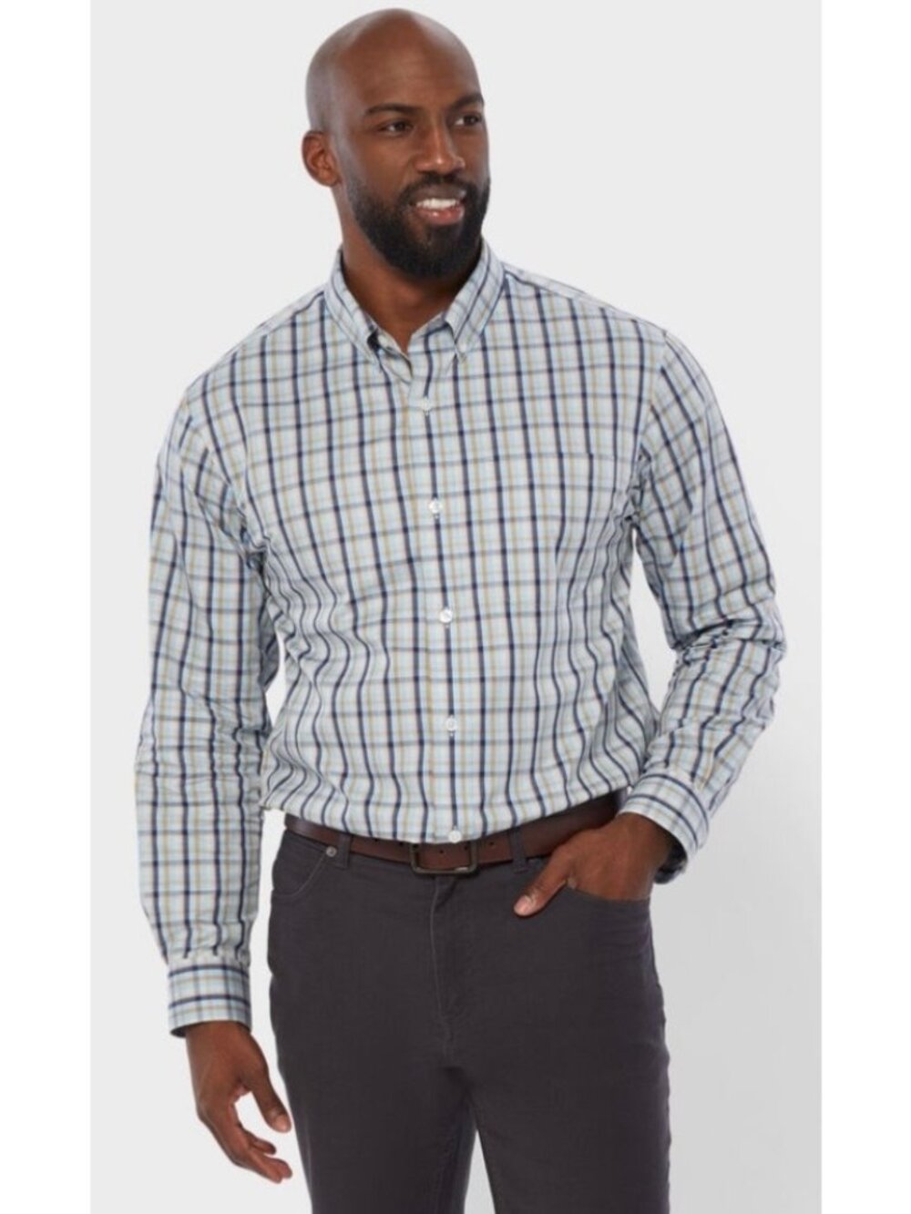DULUTH TRADING CO. White + Blue Plaid Men's Long Sleeve Button-Down Shirt XL